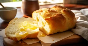 A freshly baked loaf from the Cuban bread recipe, with a golden crust and soft, airy inside, sliced on a wooden cutting board with butter and coffee beside it