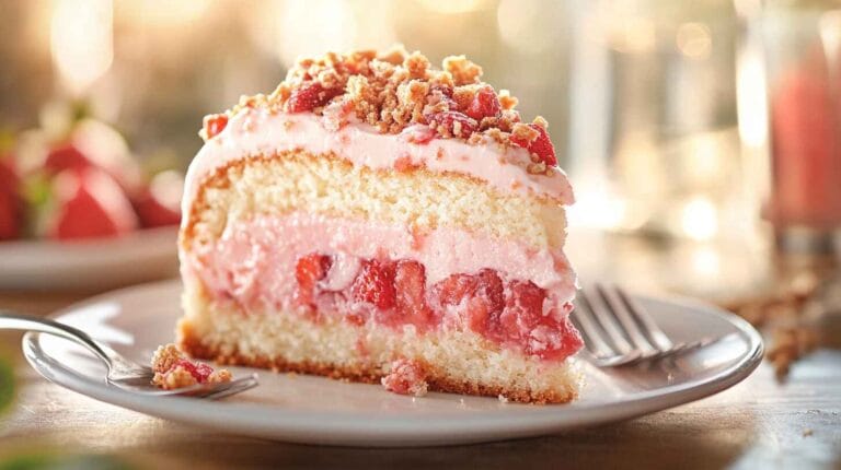 Slice of Strawberry Crunch Pound Cake with crispy topping.