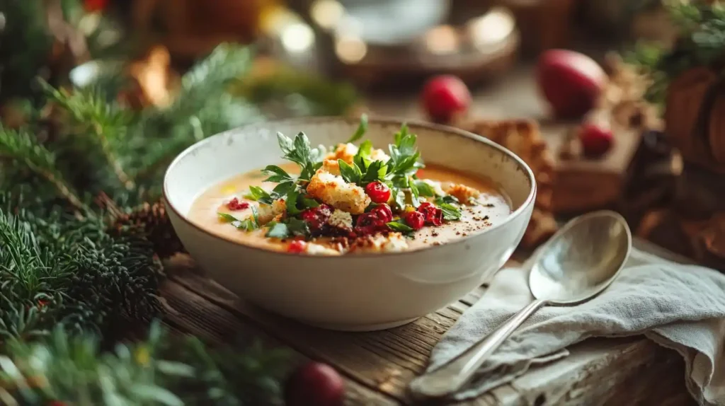 Gluten-Free Soup Done Right: Thick, Hearty, and Full of Flavor 3 A bowl of gluten-free soup topped with fresh herbs, gluten-free croutons, and a drizzle of olive oil, served on a wooden table with a linen napkin and a spoon beside it.