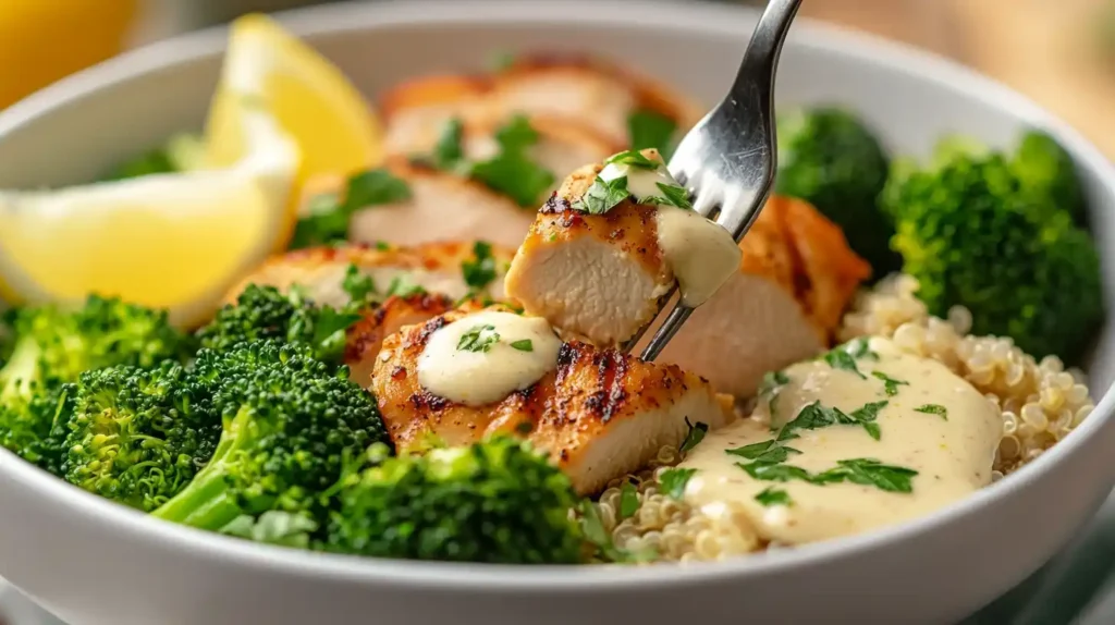 Irresistible Grilled Chicken and Broccoli Bowls! 3 A fork lifting a piece of grilled chicken from Grilled Chicken and Broccoli Bowls with Creamy Garlic Sauce.