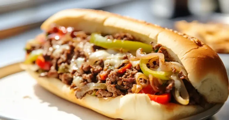 A bright and delicious ground beef Philly cheesesteak on a white plate with melted cheese, onions, and peppers, set in a well-lit kitchen.