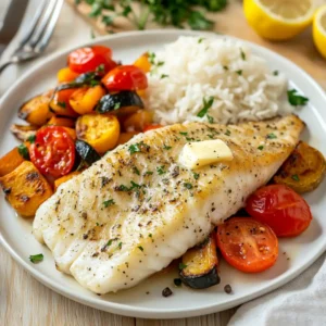 Baked whiting fish recipe served with lemon, rice, and vegetables.