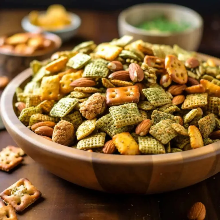 A bowl of freshly baked Dill Pickle Chex Mix with pretzels and cashews.