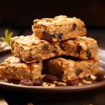 A plate of freshly baked oatmeal date bars arranged on a rustic wooden table.