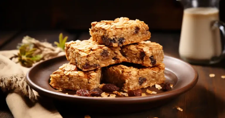 A plate of freshly baked oatmeal date bars arranged on a rustic wooden table.