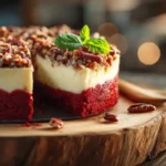 Sliced Butter Pecan Red Velvet Cheesecake on wooden table
