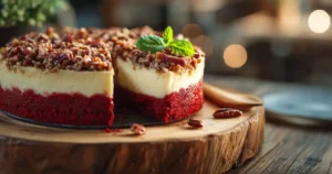 Sliced Butter Pecan Red Velvet Cheesecake on wooden table