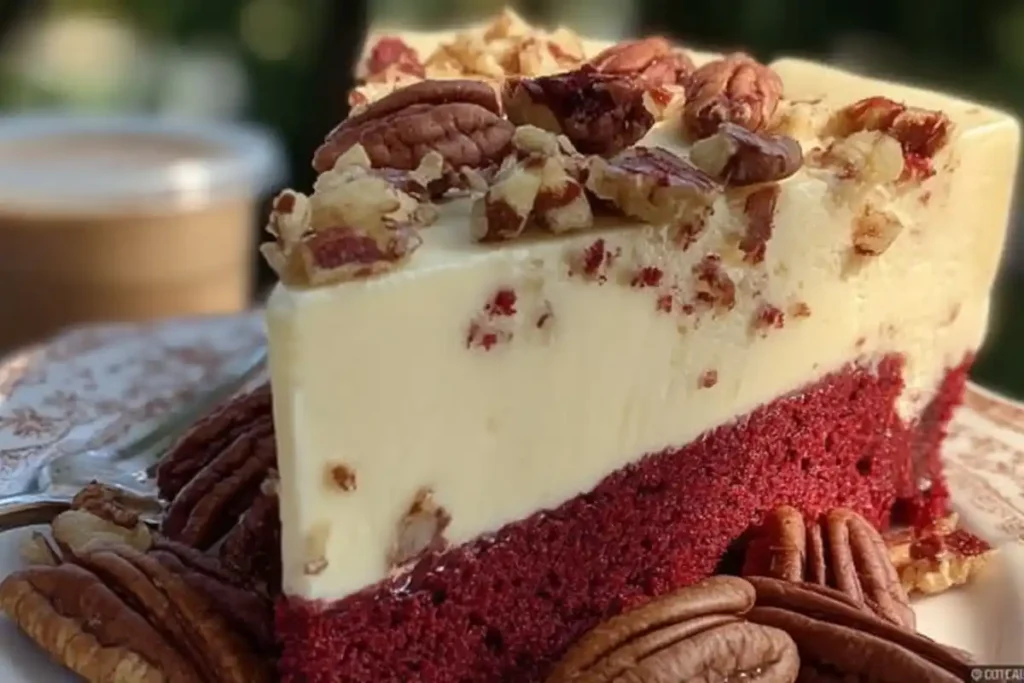 Butter Pecan Red Velvet Cheesecake: Delicious Proven Bliss 3 Slice of Butter Pecan Red Velvet Cheesecake with coffee