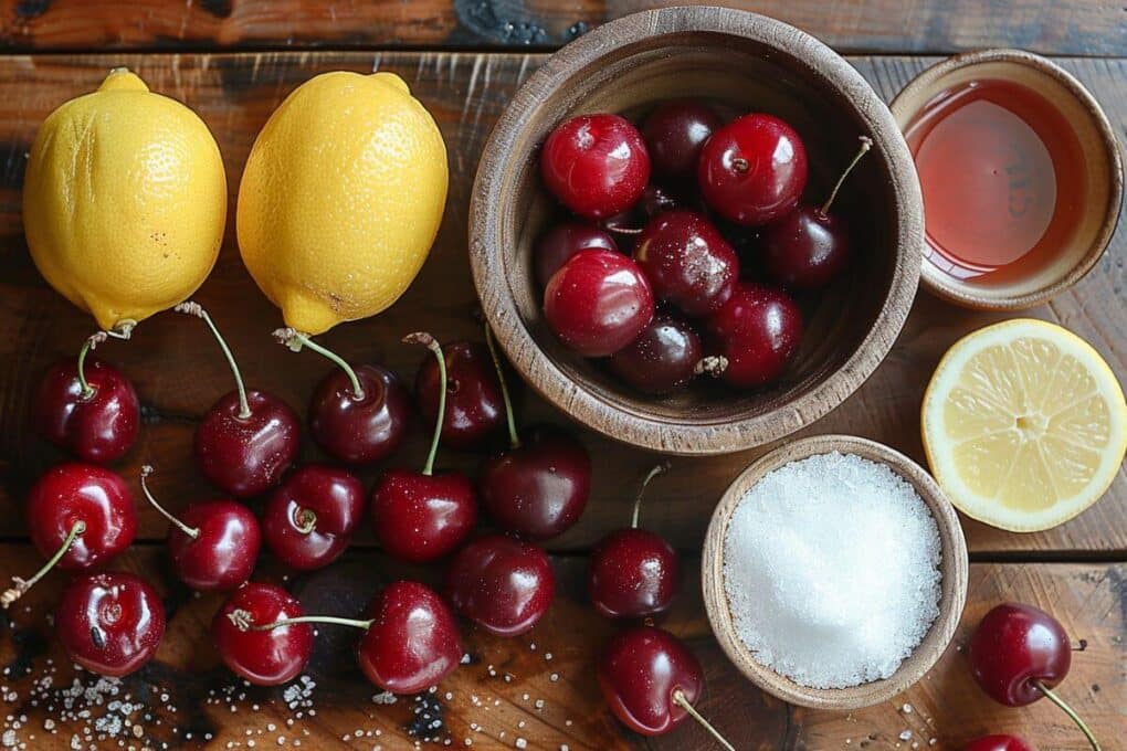 Cherry Jam Recipe That'll Make You Smile Every Morning 6 Ingredients for cherry jam on wooden table