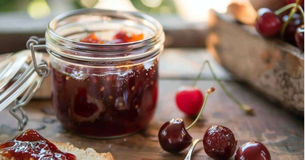 Cherry jam recipe in jar on rustic table