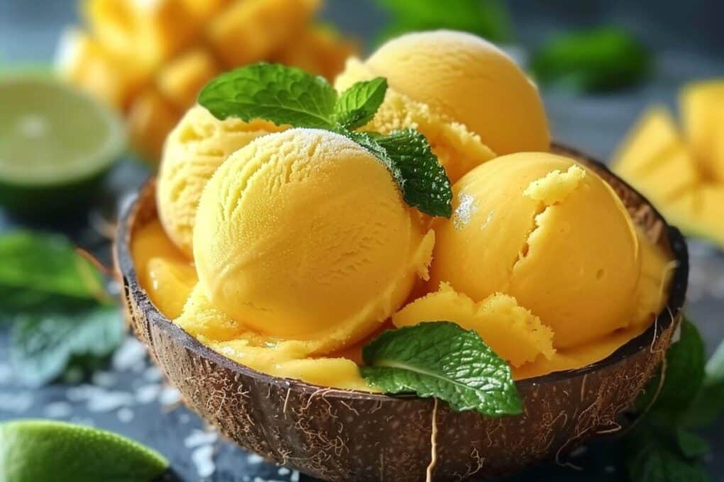 Mango Sorbet Recipe That Feels Like Summer in a Spoon 8 Mango sorbet served in coconut bowls