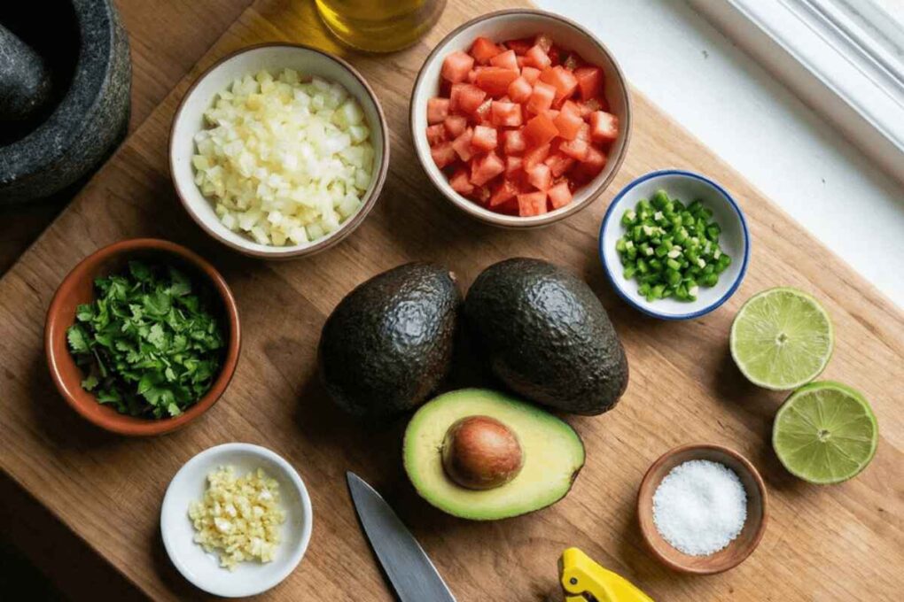 Top view of fresh guacamole recipe ingredients including avocados, chopped tomatoes, onions, cilantro, garlic, jalapeños, lime halves, and salt arranged on a wooden board.