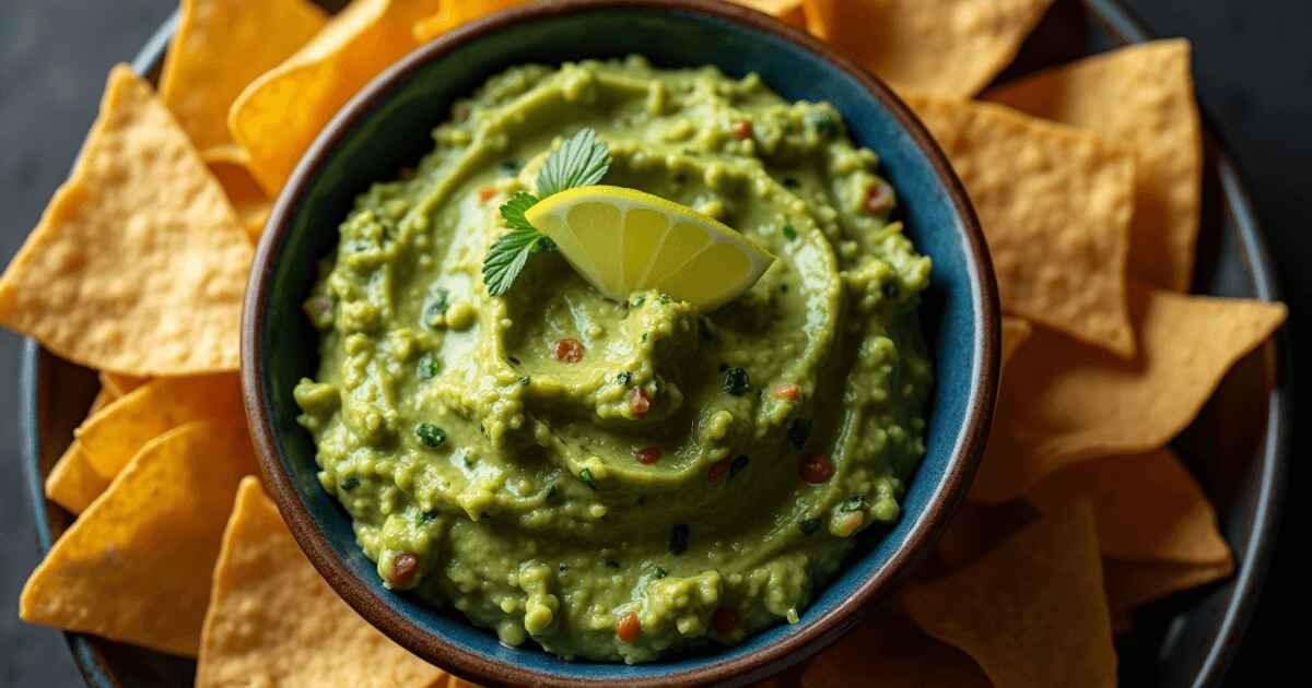 A close-up photograph of a dark blue bowl filled with creamy, textured guacamole, garnished with a slice of fresh lime and a sprig of mint. The bowl is surrounded by golden, crispy tortilla chips on a dark surface.