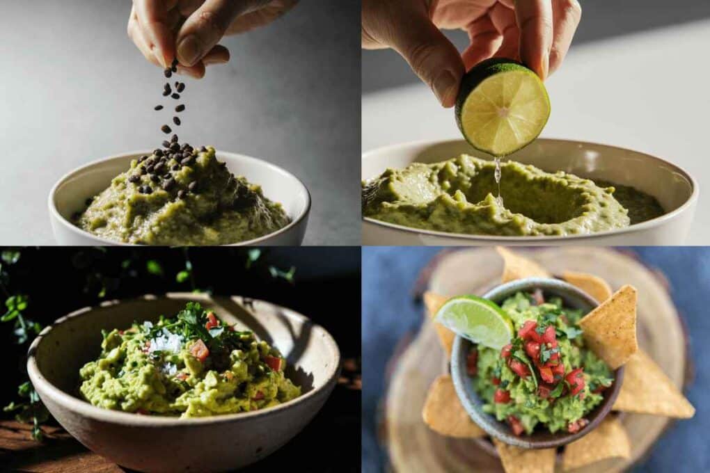 Fresh homemade guacamole in bowl with lime juice, black pepper, cilantro, and tortilla chips