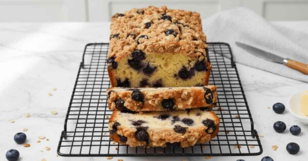 Moist sliced Blueberry Muffin Bread with crumb topping on cooling rack