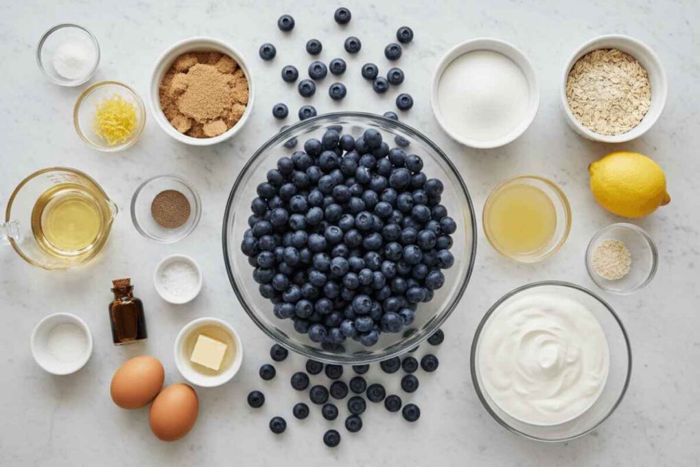 Ingredients arranged for making Blueberry Muffin Bread with fresh blueberries in bowl