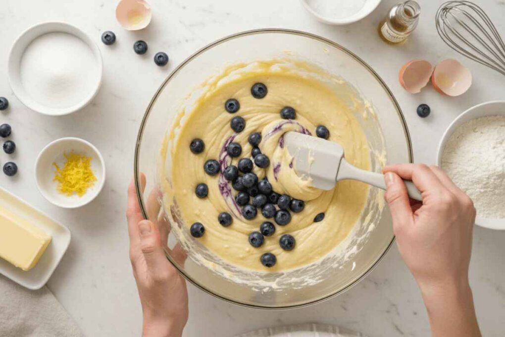 Folding blueberries into batter for Blueberry Muffin Bread