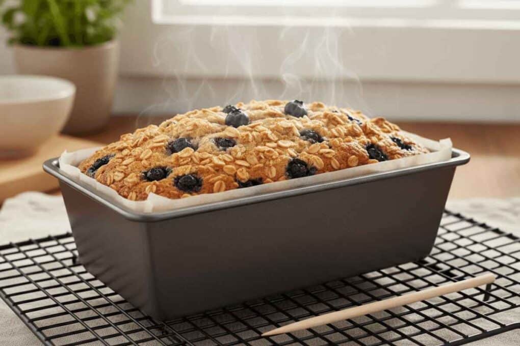 Freshly baked Blueberry Muffin Bread cooling in loaf pan with steam rising