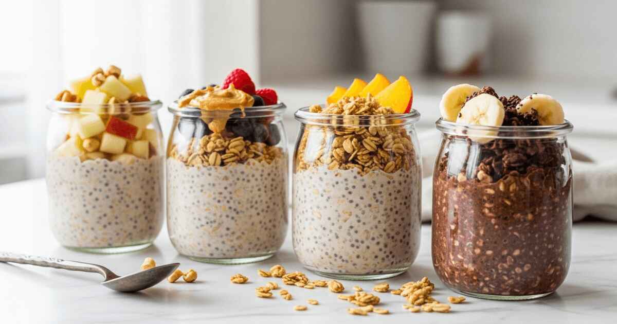 Overnight oats recipe served in glass jars with four different toppings including fruit, granola, peanut butter, and chocolate