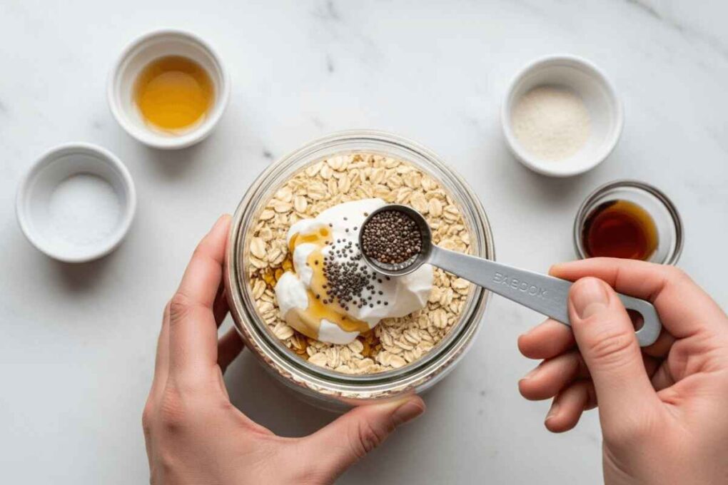Hands preparing an overnight oats recipe by adding chia seeds on top of oats, yogurt, and honey in a glass jar