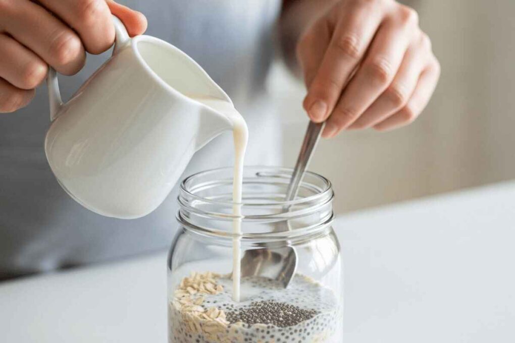 Person pouring milk into a jar of oats and chia seeds while stirring to prepare an overnight oats recipe