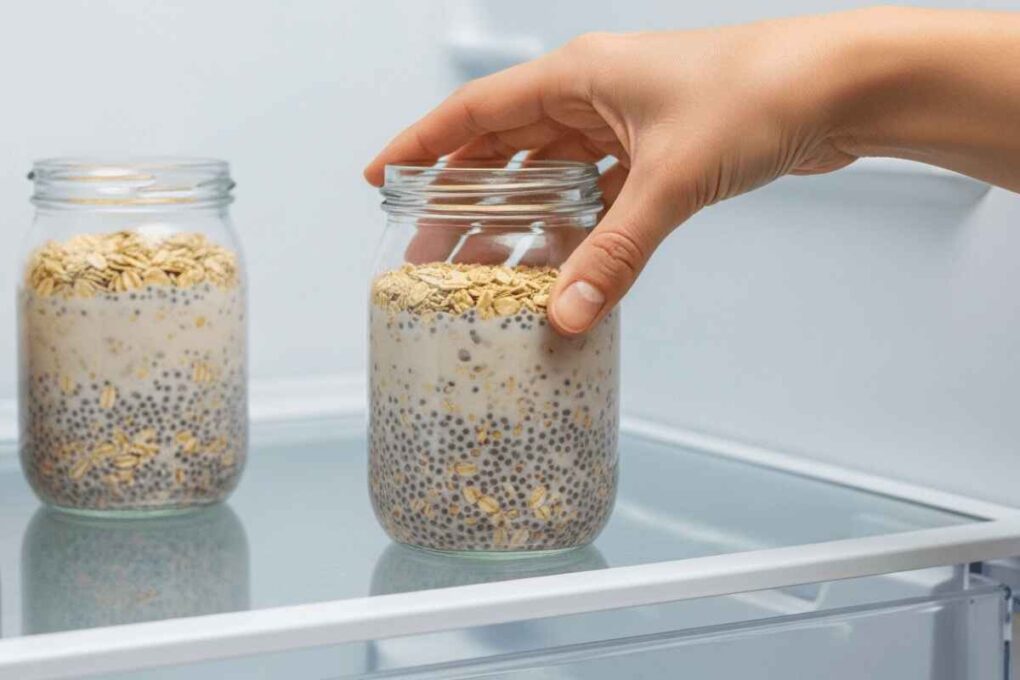 Hand placing a jar of overnight oats recipe with oats and chia seeds into the refrigerator to chill