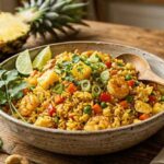Pineapple fried rice with shrimp, cashews, peas, carrots, and fresh cilantro served in a rustic ceramic bowl with a wooden spoon