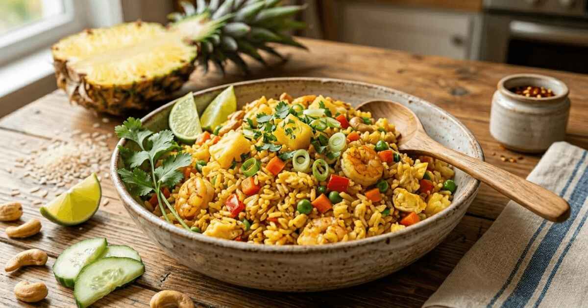 Pineapple fried rice with shrimp, cashews, peas, carrots, and fresh cilantro served in a rustic ceramic bowl with a wooden spoon