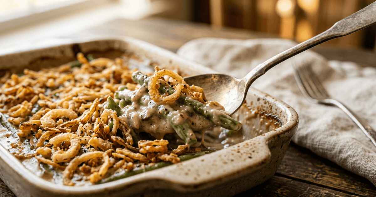 A spoonful of creamy green bean casserole topped with golden crispy fried onions being lifted from a rustic ceramic baking dish