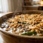 Close-up of a steaming hot green bean casserole with mushrooms in a rich creamy sauce, topped with golden crispy fried onions in a rustic wooden baking dish