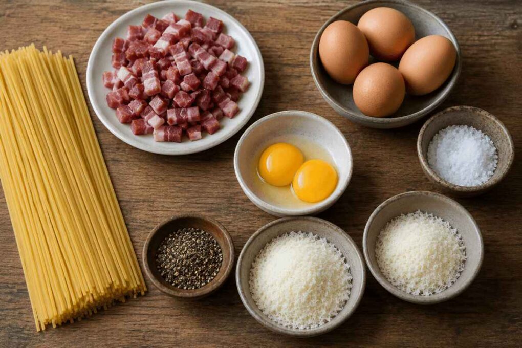 Overhead photo of spaghetti carbonara ingredients arranged on a wooden table, including dry spaghetti, diced halal beef bacon, eggs, grated Pecorino Romano, grated Parmigiano-Reggiano, black pepper, and kosher salt.
