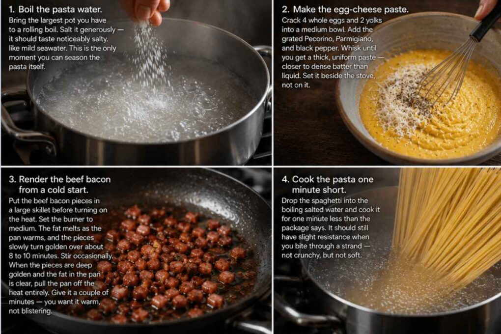 Four-step photo collage showing how to prepare spaghetti carbonara, including boiling pasta water, mixing egg-cheese sauce, cooking halal beef bacon, and boiling spaghetti.