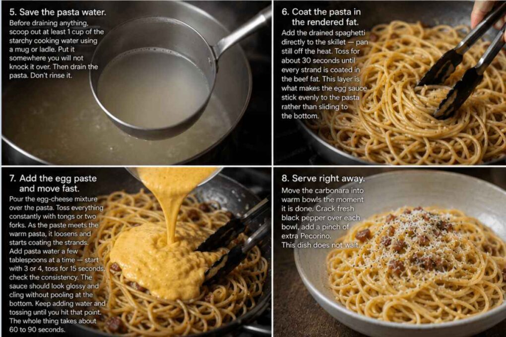 Four-step collage showing the final stages of spaghetti carbonara preparation: reserving pasta water, tossing pasta in beef bacon fat, mixing egg-cheese sauce, and serving finished carbonara.