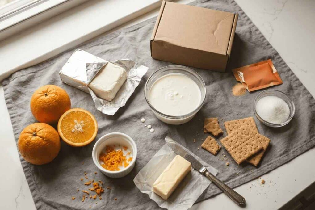 Fresh oranges, cream cheese, graham crackers, butter, cream, sugar, and orange zest arranged for making No-Bake Orange Creamsicle Cheesecake.