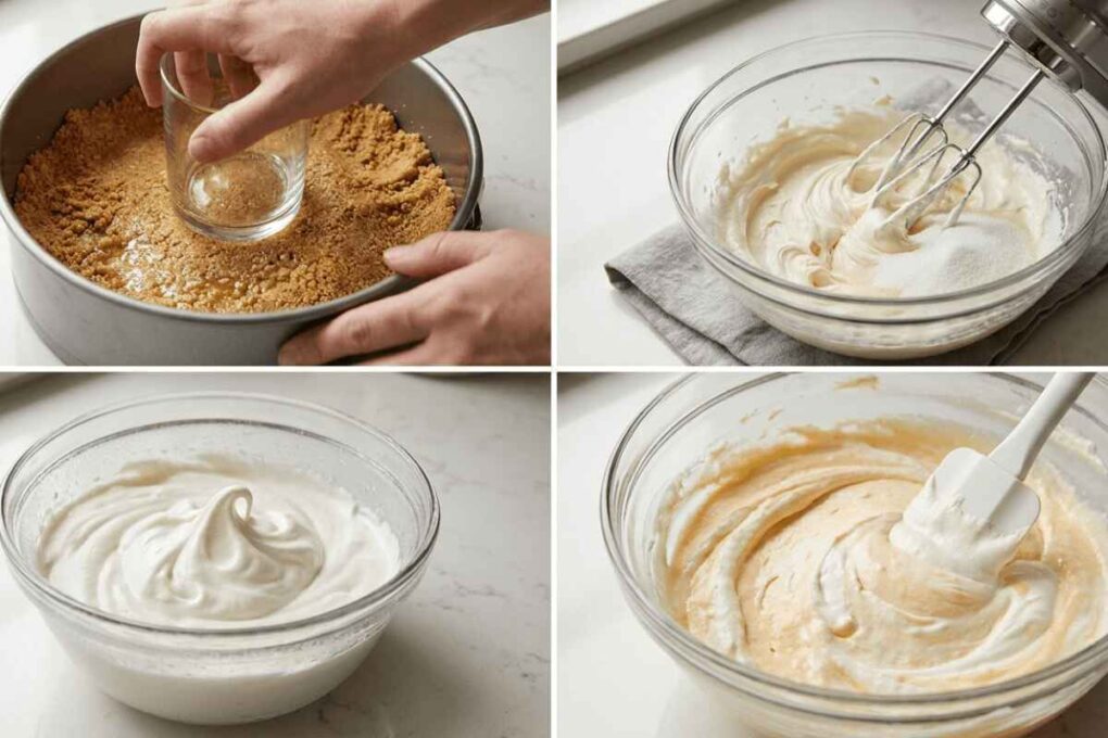 Four-step collage showing how to prepare No-Bake Orange Creamsicle Cheesecake by pressing the crust, mixing the filling, whipping cream, and folding the orange mixture.