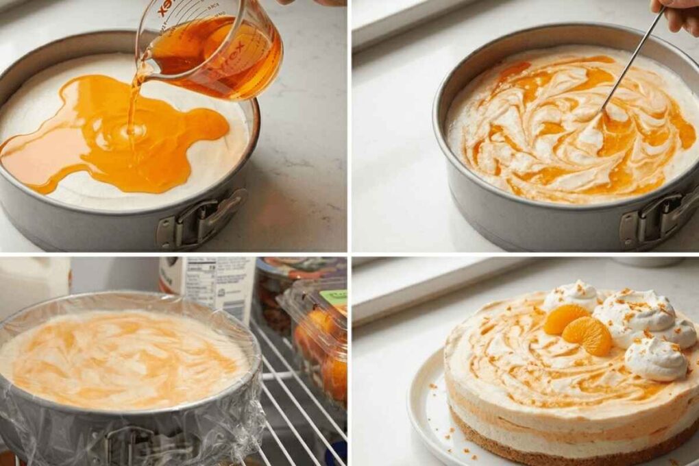 Four-step collage showing orange swirl being poured into cheesecake filling, marbling the surface, chilling the cheesecake, and the finished orange creamsicle cheesecake decorated with whipped cream and mandarin oranges.