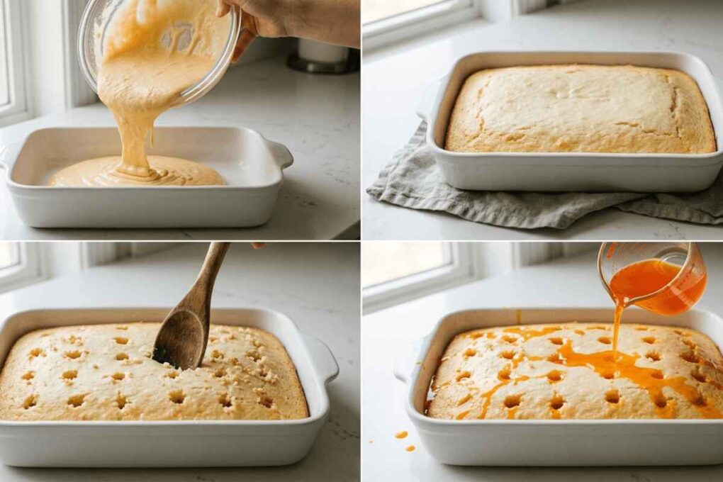 Orange Creamsicle Poke Cake – Moist, Easy, and Worth the Wait 7 Orange creamsicle poke cake steps: pouring batter, baked cake, poking holes with wooden spoon and adding orange gelatin
