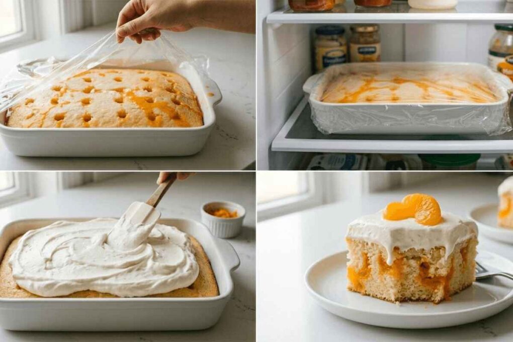 Orange Creamsicle Poke Cake – Moist, Easy, and Worth the Wait 8 Orange creamsicle poke cake steps: covering with wrap, chilling in fridge, spreading vanilla mousse and serving a slice