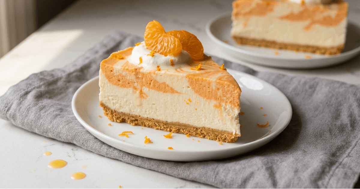 Slice of No-Bake Orange Creamsicle Cheesecake with creamy orange and vanilla layers, graham cracker crust, whipped cream, mandarin orange segments, and fresh orange zest.