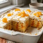 Orange creamsicle poke cake sliced in white ceramic dish topped with vanilla mousse and mandarin orange segments