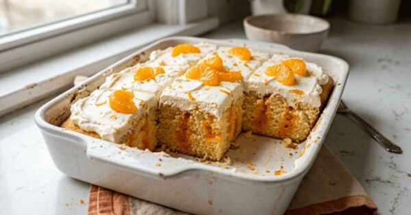 Orange Creamsicle Poke Cake – Moist, Easy, and Worth the Wait 5 Orange creamsicle poke cake sliced in white ceramic dish topped with vanilla mousse and mandarin orange segments