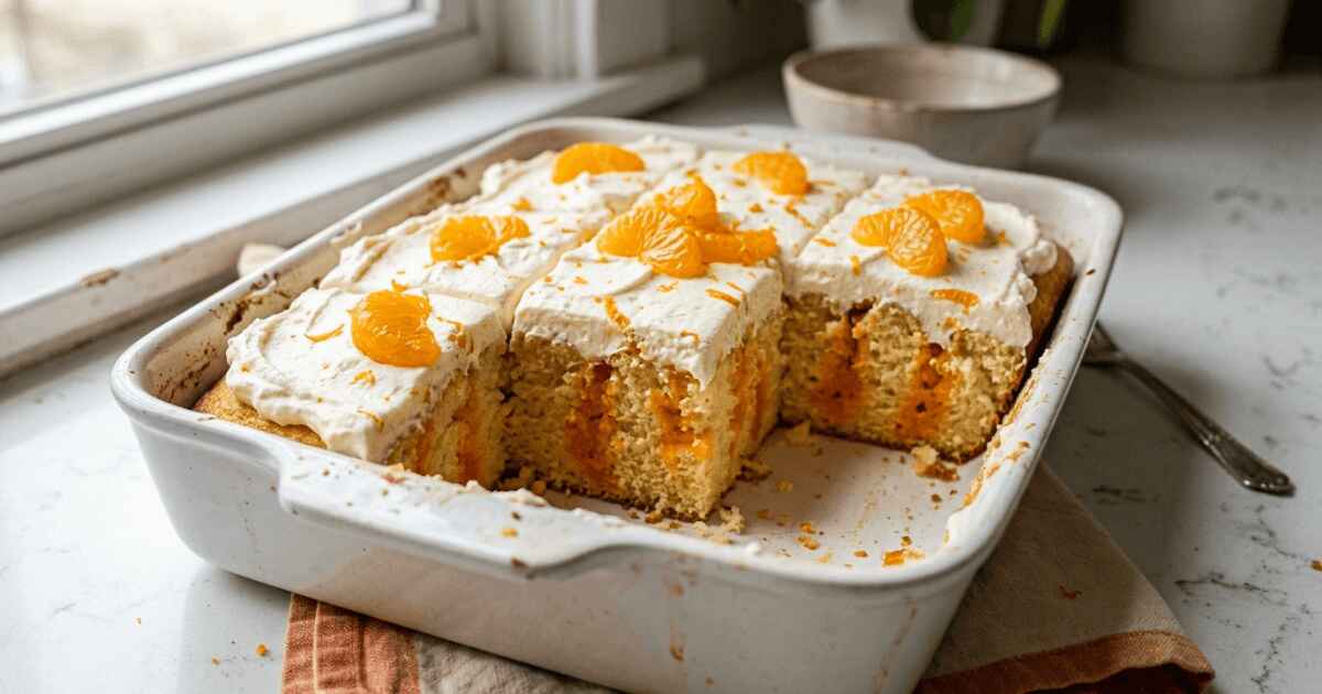 Orange creamsicle poke cake sliced in white ceramic dish topped with vanilla mousse and mandarin orange segments