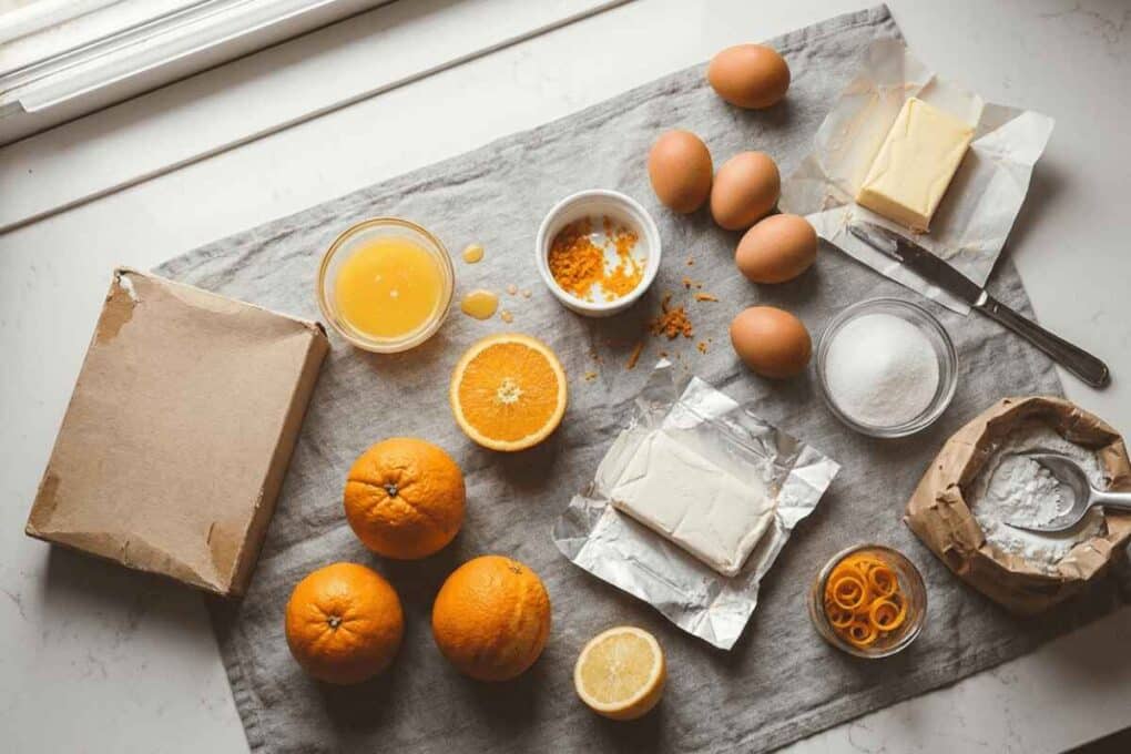 Best orange creamsicle birthday layer cake ingredients: eggs, oranges, butter, cream cheese and zest