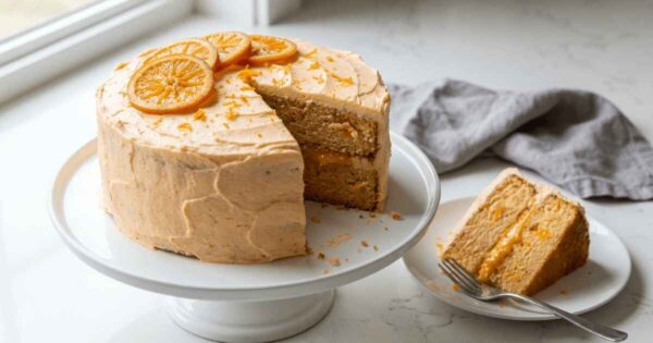 Best orange creamsicle birthday layer cake sliced showing two layers and orange curd filling