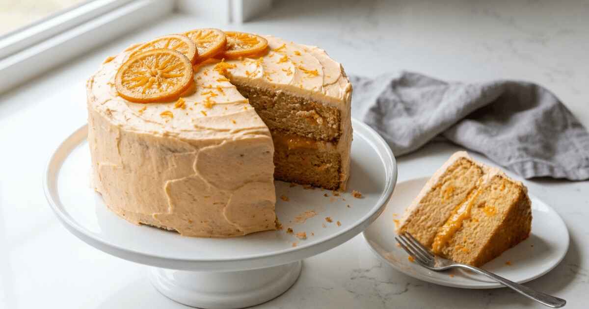 Home 10 Best orange creamsicle birthday layer cake sliced showing two layers and orange curd filling