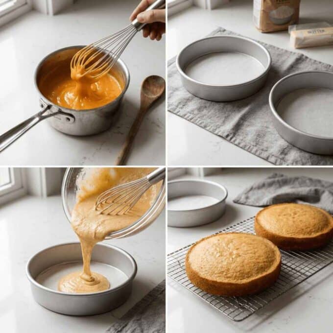 Best orange creamsicle birthday layer cake steps: making curd, lining pans, pouring batter, baking