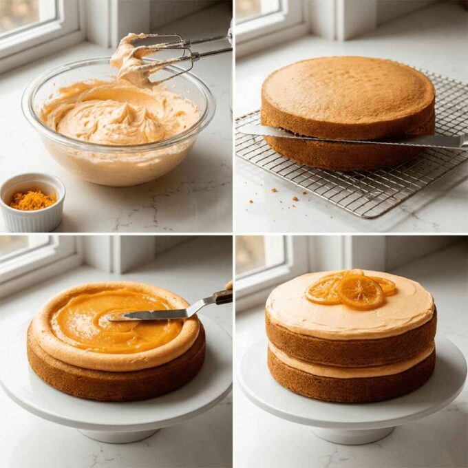 Best orange creamsicle birthday layer cake steps: frosting, leveling, filling, and assembling
