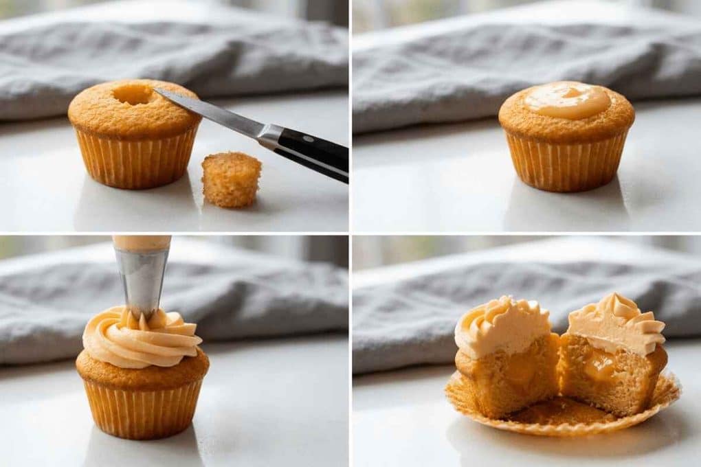 Four-panel grid showing the complete assembly of an Orange Creamsicle Cupcake: cutting a core out with a knife, filling the center with orange curd, piping an ornate swirl of frosting, and a cross-section of the finished cupcake.