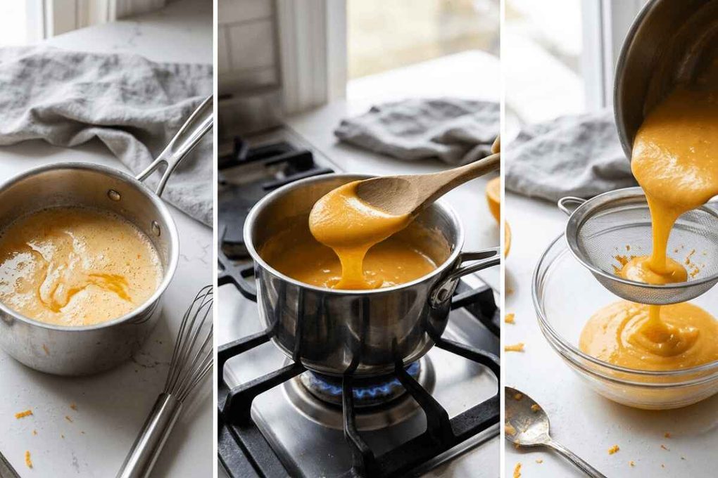 Three vertical panels illustrating the orange curd filling for Orange Creamsicle Cupcakes: whisking raw ingredients, cooking the thick mixture on a gas stovetop, and straining the final smooth curd through a fine-mesh sieve into a bowl.