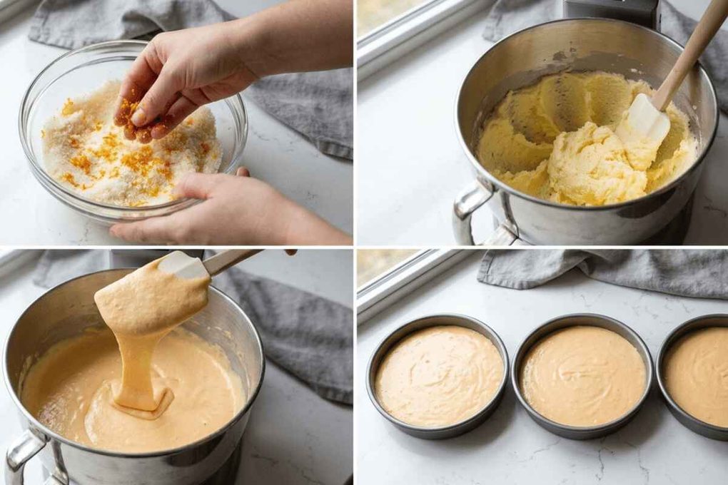 A four-panel collage showing the baking steps for an Orange dreamsicle cake: mixing fresh orange zest with sugar, creaming the butter mixture in a stand mixer, lifting smooth orange batter with a spatula, and dividing the batter into three round cake pans.